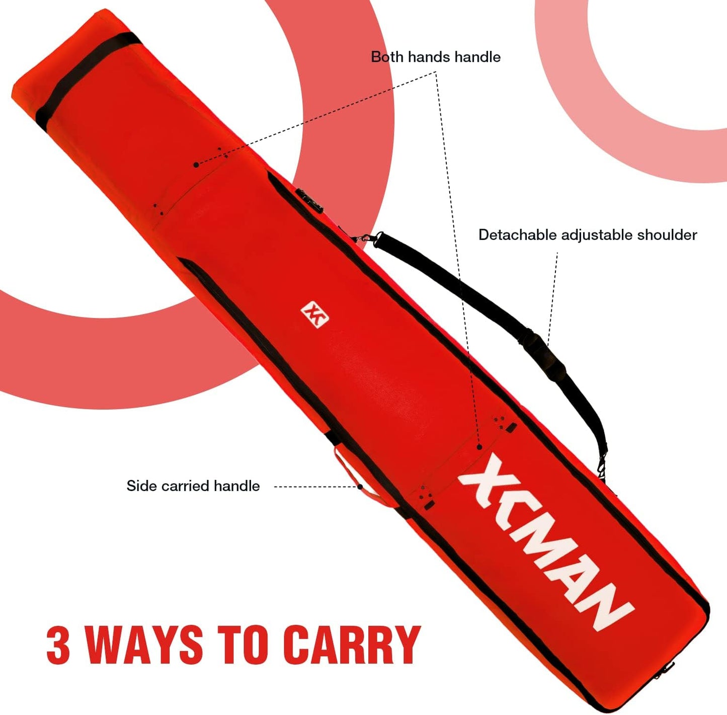 XCMAN Padded Snowboard Wheels Bag with TSA Lock,Perfect for Road Trips and Air Plane Travel, Adjustable Lenght 57inch to 74.8inch, Fits 2 pair Skis or Snowboards