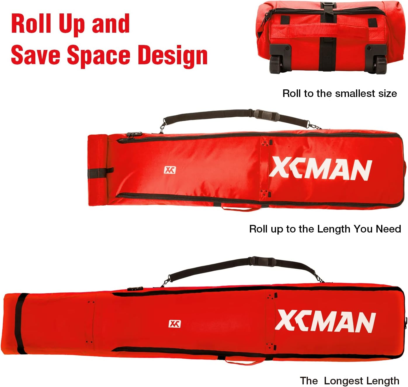 XCMAN Padded Snowboard Wheels Bag with TSA Lock,Perfect for Road Trips and Air Plane Travel, Adjustable Lenght 57inch to 74.8inch, Fits 2 pair Skis or Snowboards