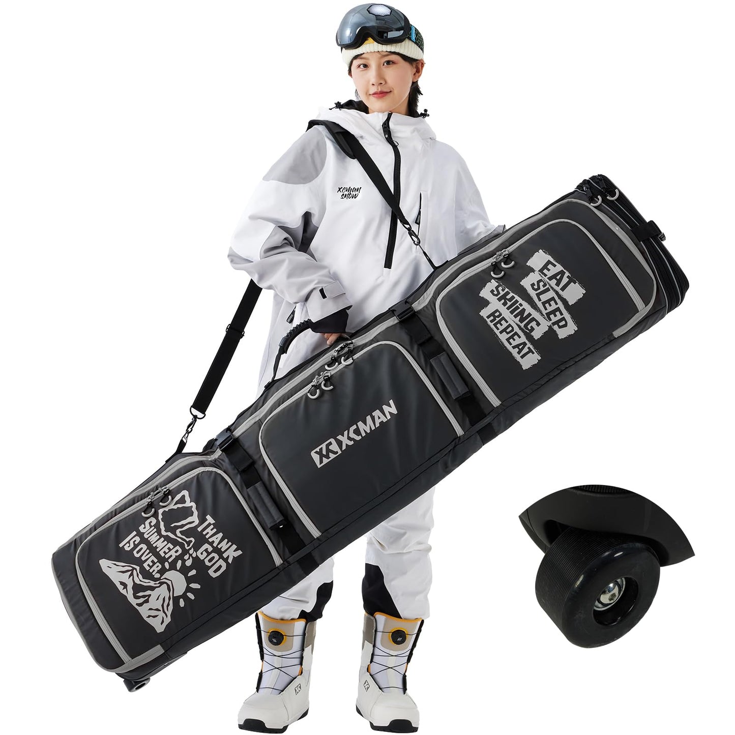 XCMAN Roller Snowboard Bag With Wheels 63-75Inch Adjustable Length Padded Bag for Air Travel Snowboard Boots