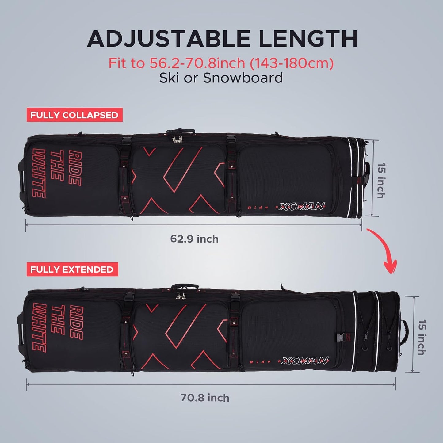 XCMAN Padded Snowboard Bag with Wheels- Snow Ski Bags for Air Travel Adjustable Length 61-70In Large Capacity with Water-Resistant