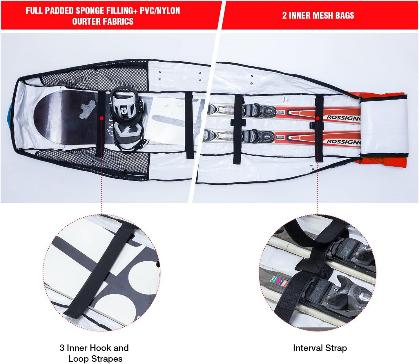 XCMAN Padded Snowboard Wheels Bag with TSA Lock,Perfect for Road Trips and Air Plane Travel, Adjustable Lenght 57inch to 74.8inch, Fits 2 pair Skis or Snowboards