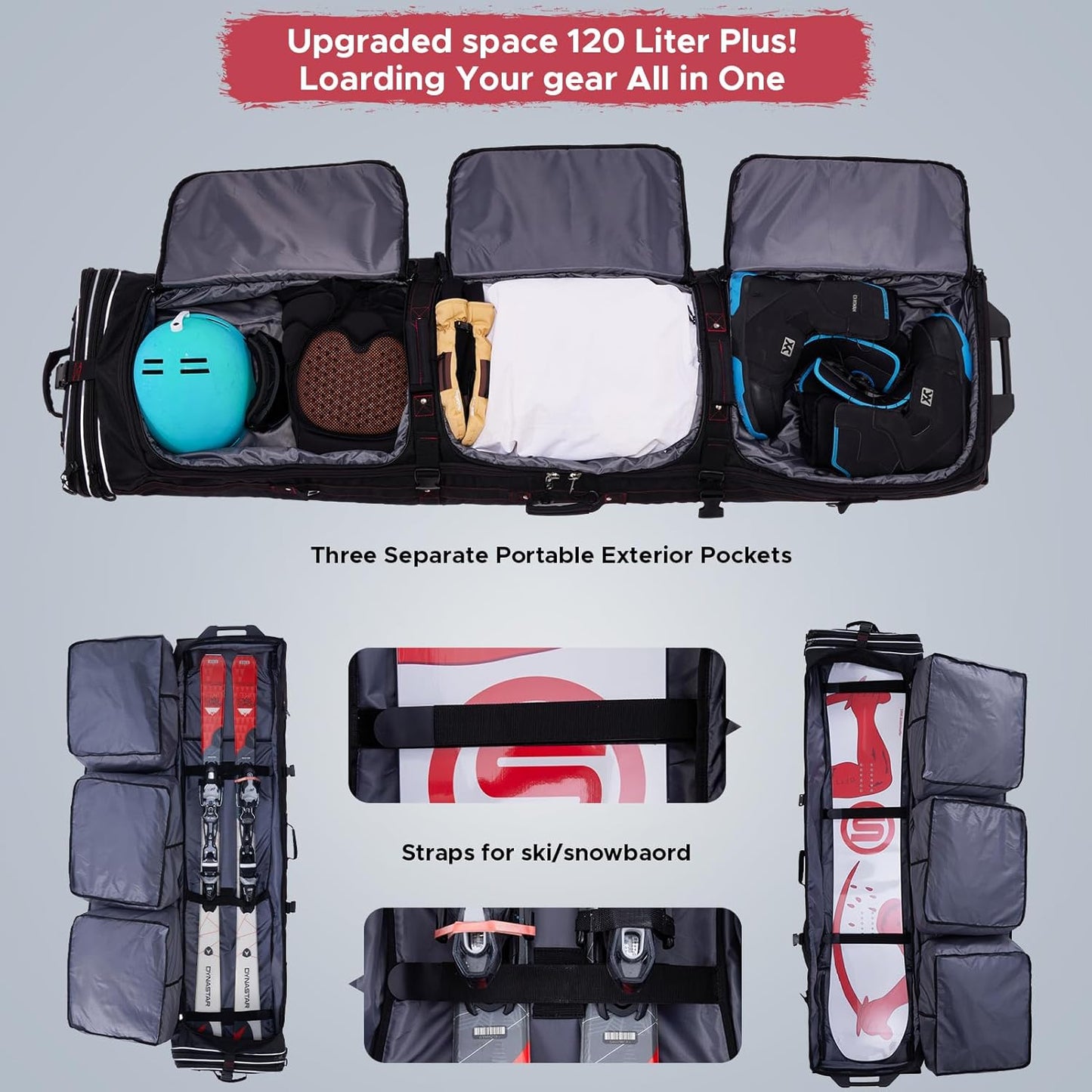 XCMAN Padded Snowboard Bag with Wheels- Snow Ski Bags for Air Travel Adjustable Length 61-70In Large Capacity with Water-Resistant