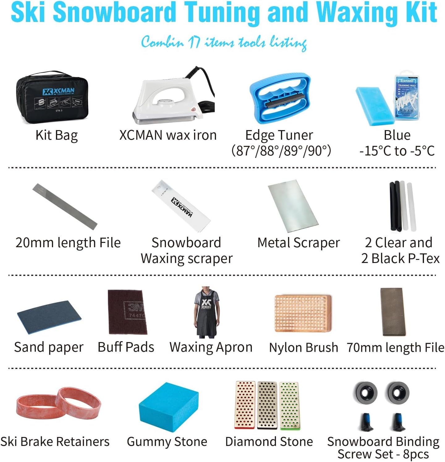 XCMAN Complete Ski Snowboard Tuning Waxing Combo Kit with Waxing Iron,Ski Wax,Side Edge Tuner,Ptex Base Repair,Gummy Stone,Diamond Stones for ski Snowboard EdgeTuning