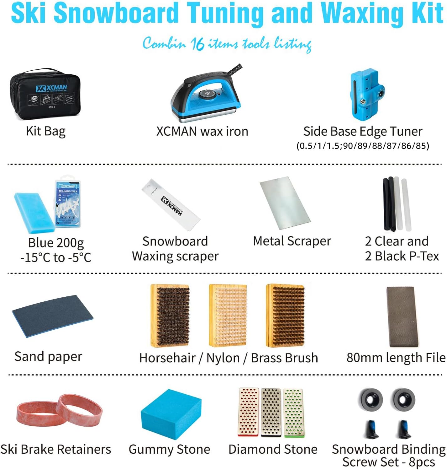 XCMAN Complete Ski Snowboard Tuning Waxing Combo Kit with Waxing Iron,Ski Wax,Side Base Edge Tuner,Ptex Base Repair,Gummy Stone,Diamond Stones for Ski Snowboard EdgeTuning
