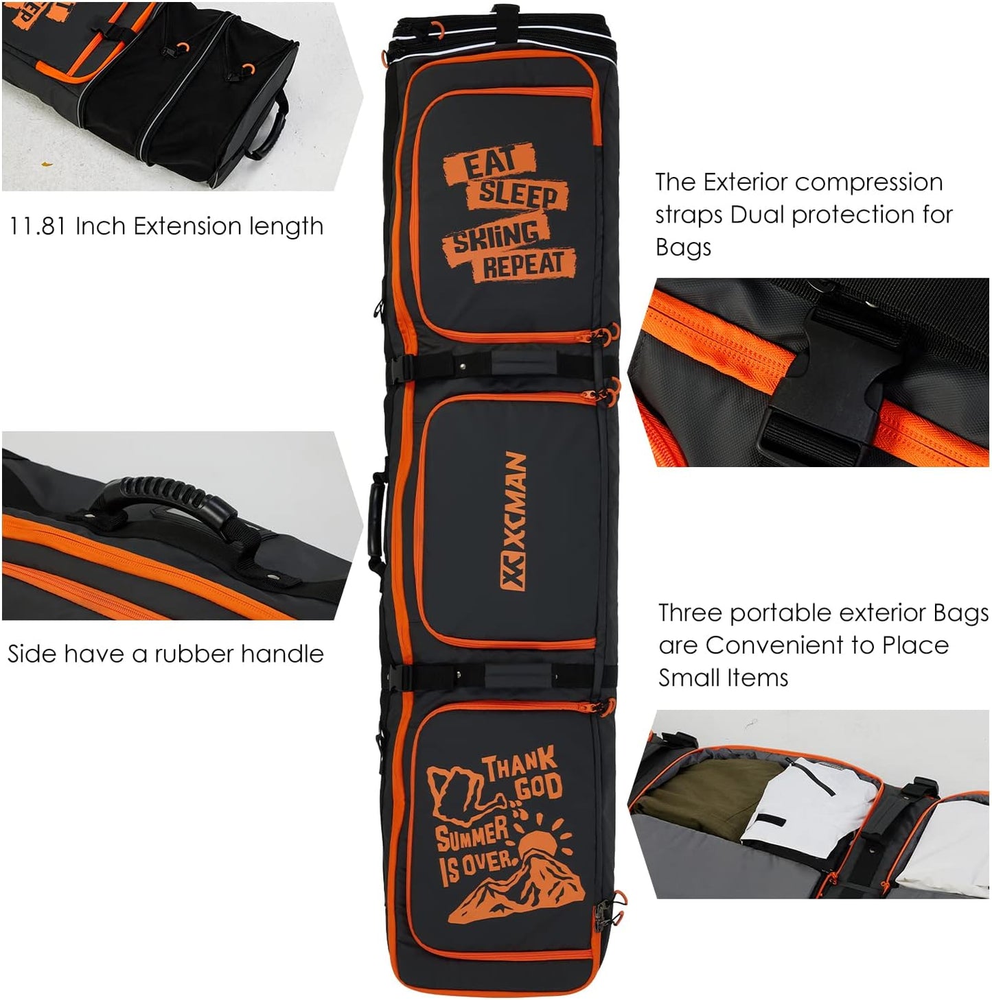 XCMAN Roller Snowboard Bag With Wheels 63-75Inch Adjustable Length Padded Bag for Air Travel Snowboard Boots