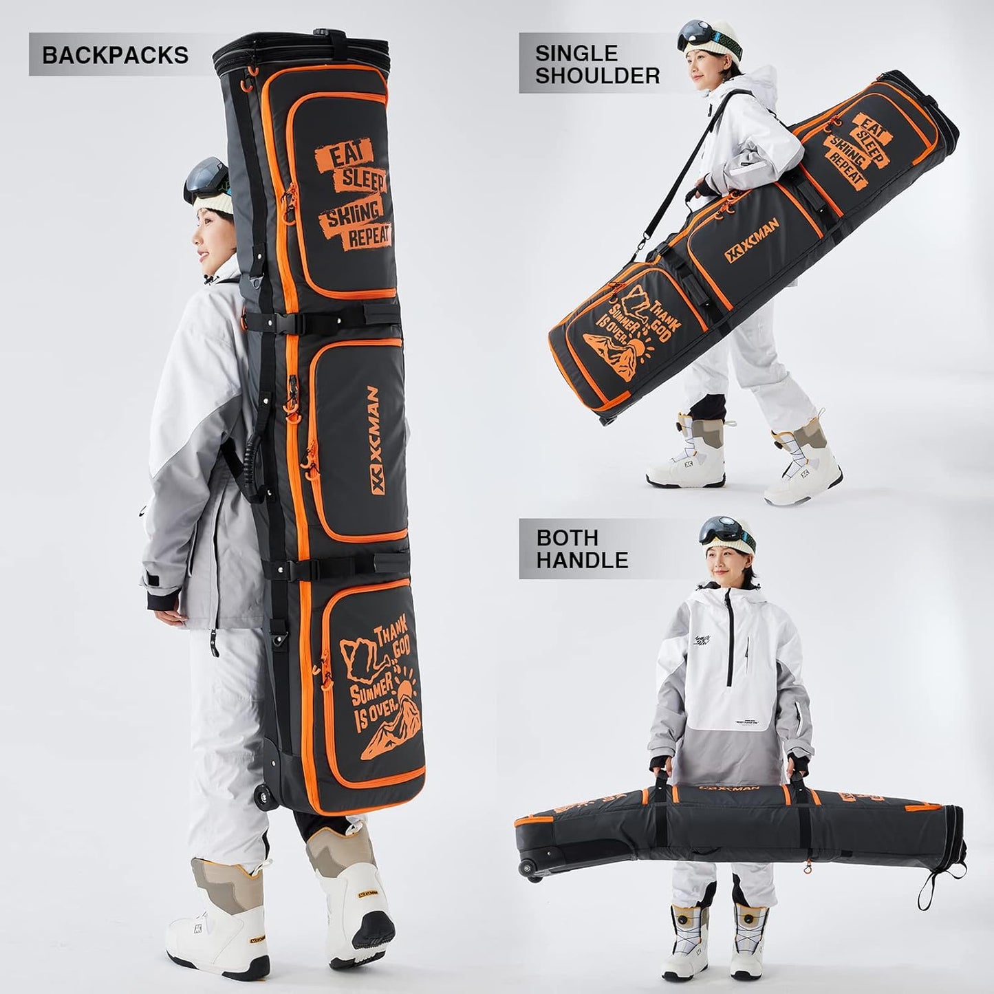 XCMAN Roller Snowboard Bag With Wheels 63-75Inch Adjustable Length Padded Bag for Air Travel Snowboard Boots