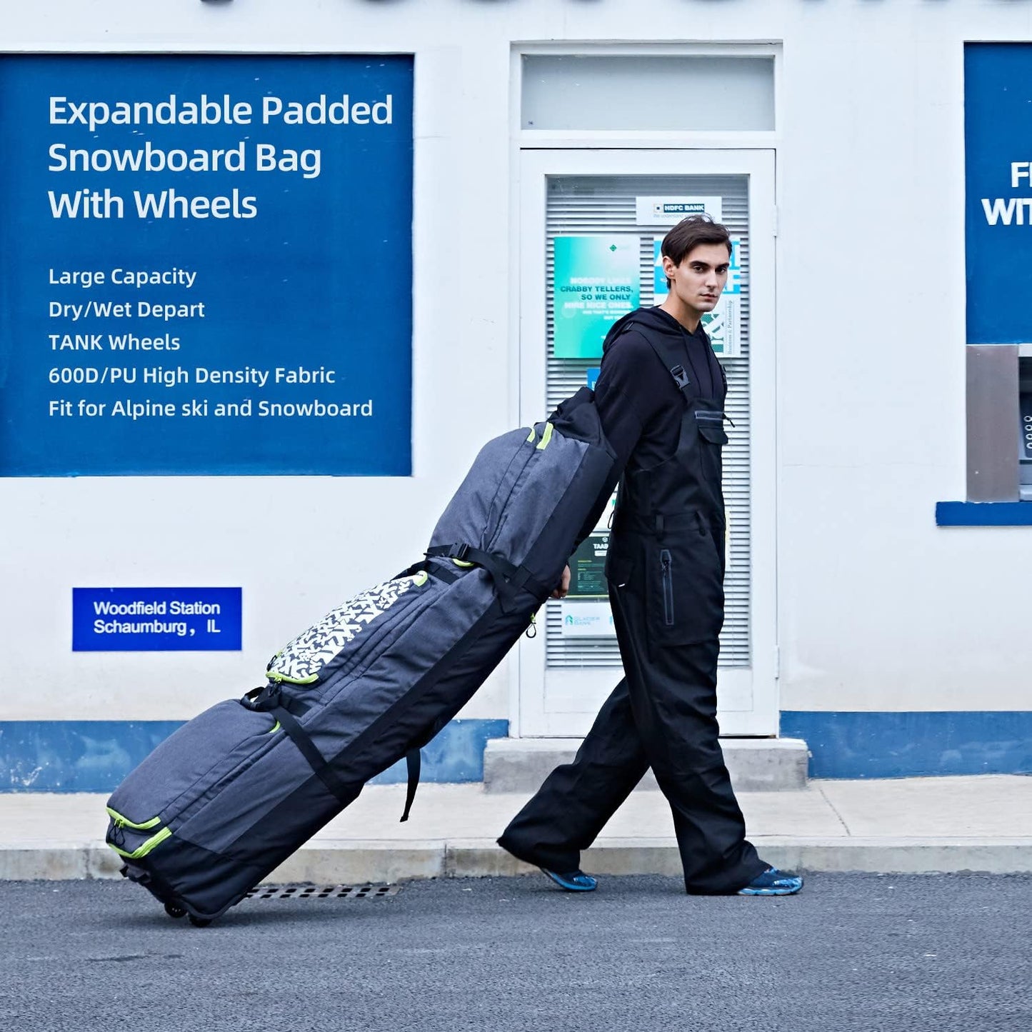 XCMAN Padded Snowboard Bag with Wheels, Extendable Roller Ski Bag for Air Traveling Adjustable Length - Extra Long/Wide/Deep,Waterproof - with Protection Ribs