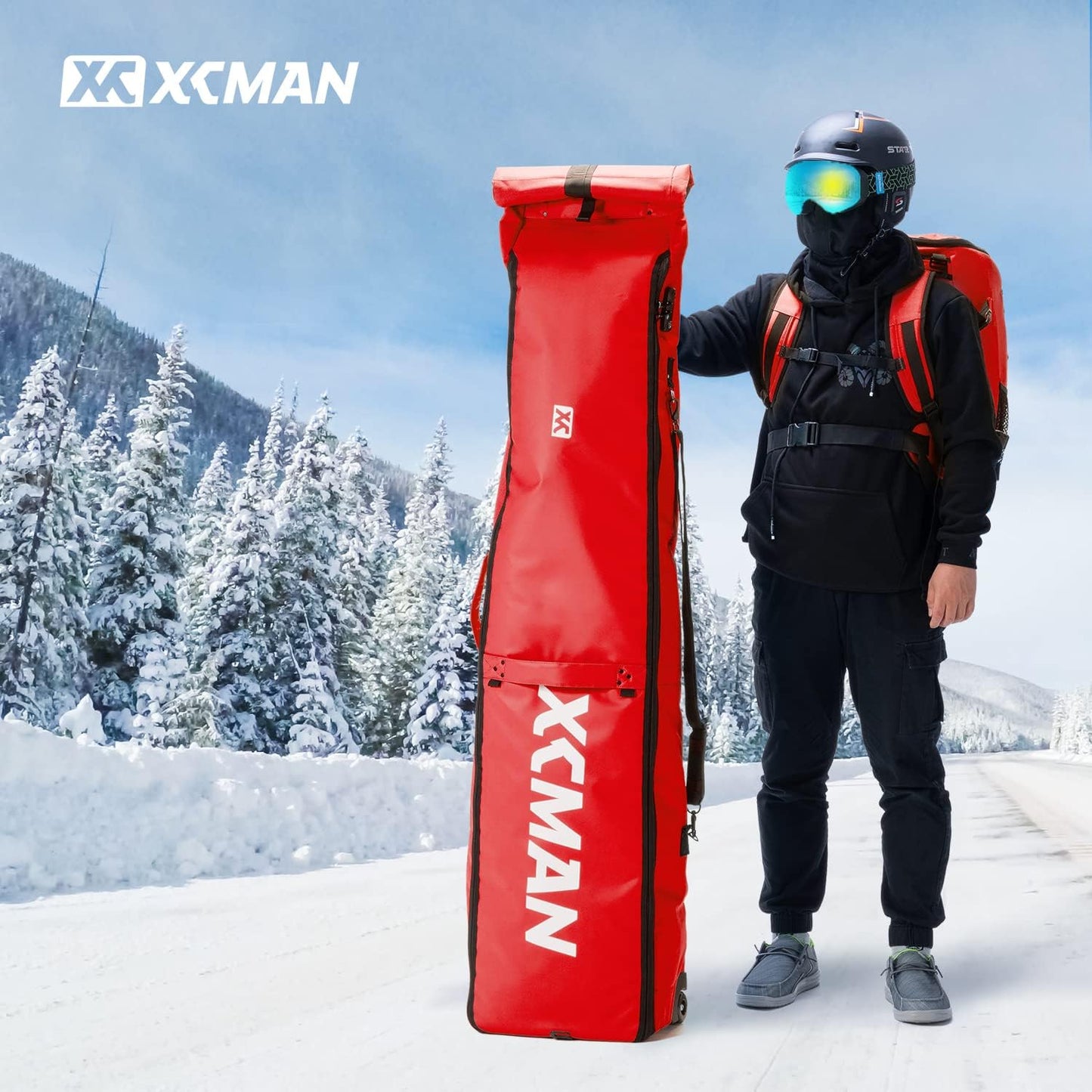 XCMAN Padded Snowboard Wheels Bag with TSA Lock,Perfect for Road Trips and Air Plane Travel, Adjustable Lenght 57inch to 74.8inch, Fits 2 pair Skis or Snowboards