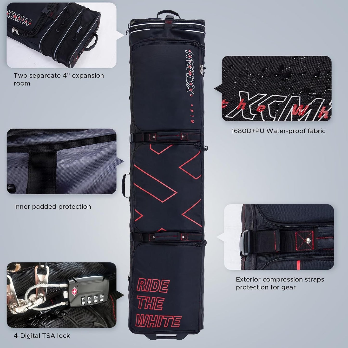 XCMAN Padded Snowboard Bag with Wheels- Snow Ski Bags for Air Travel Adjustable Length 61-70In Large Capacity with Water-Resistant