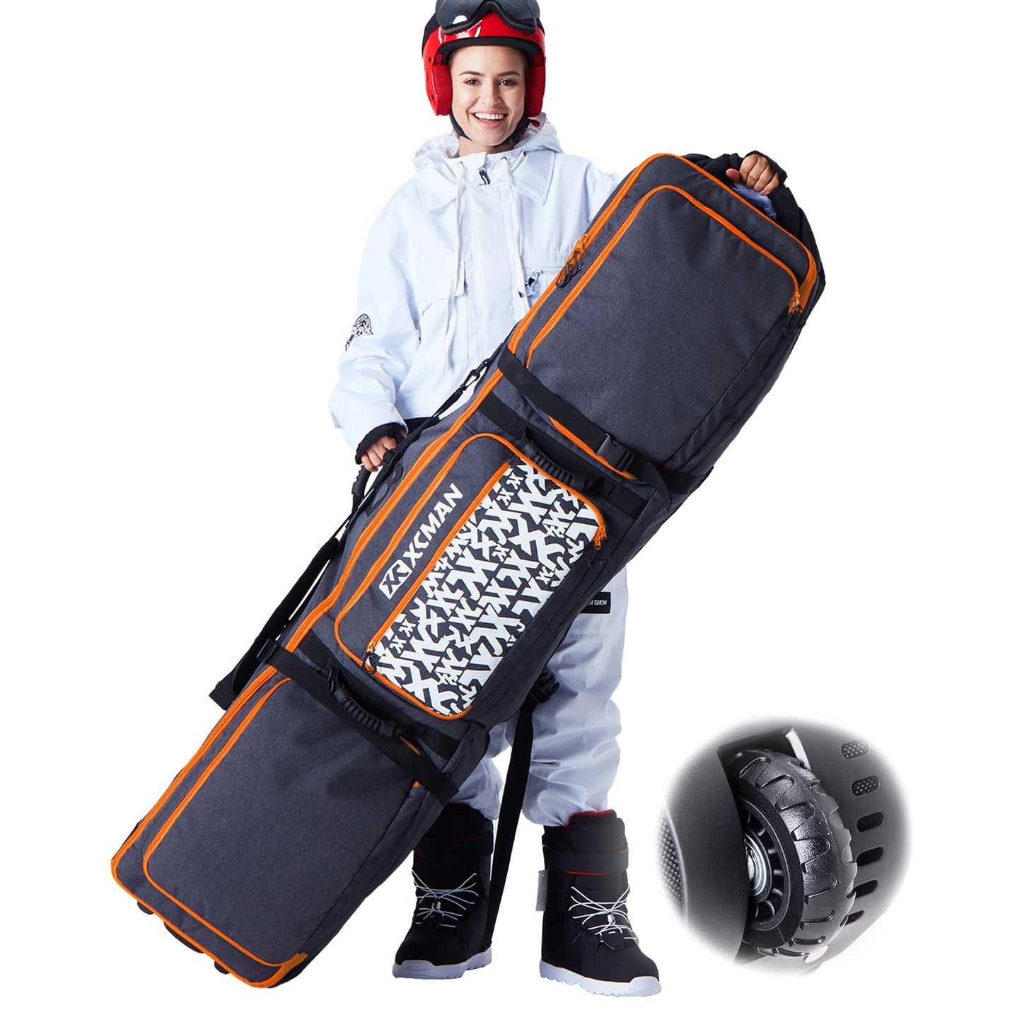 XCMAN Padded Snowboard Bag with Wheels, Extendable Roller Ski Bag for Air Traveling Adjustable Length - Extra Long/Wide/Deep,Waterproof - with Protection Ribs