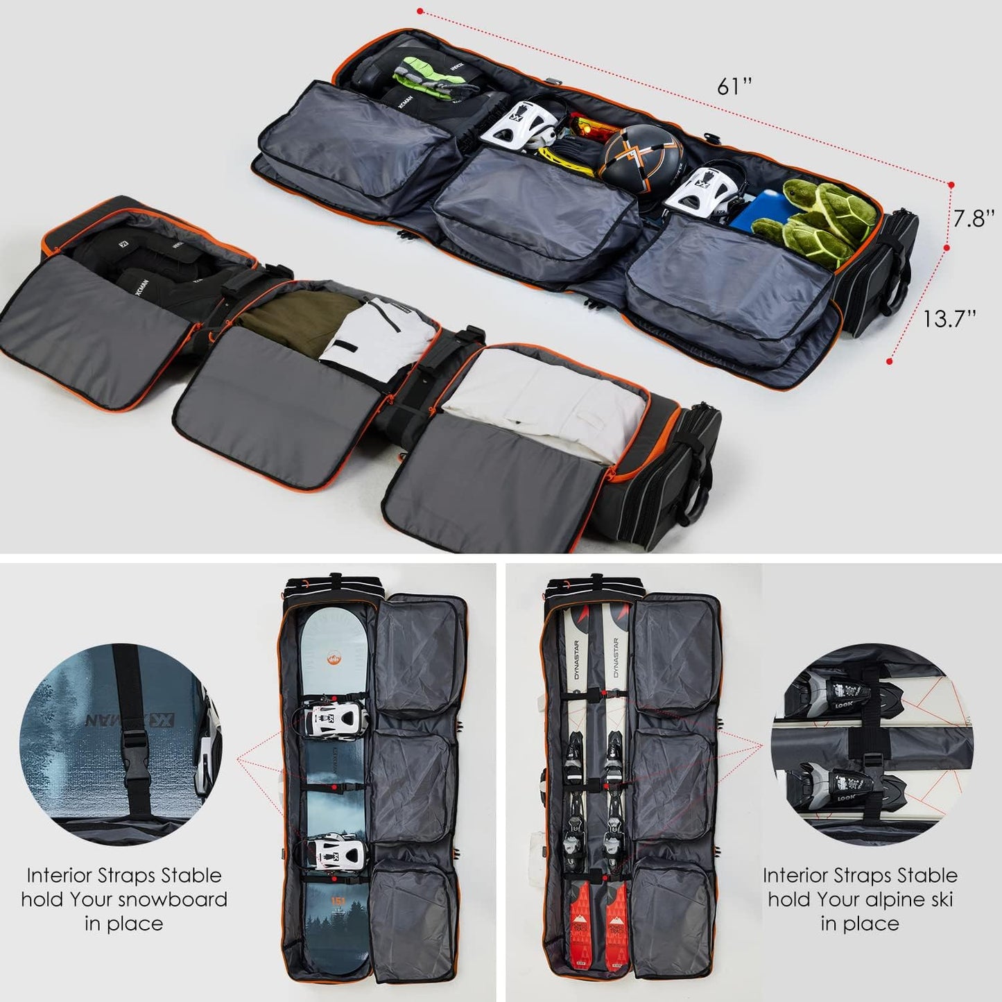 XCMAN Roller Snowboard Bag With Wheels 63-75Inch Adjustable Length Padded Bag for Air Travel Snowboard Boots