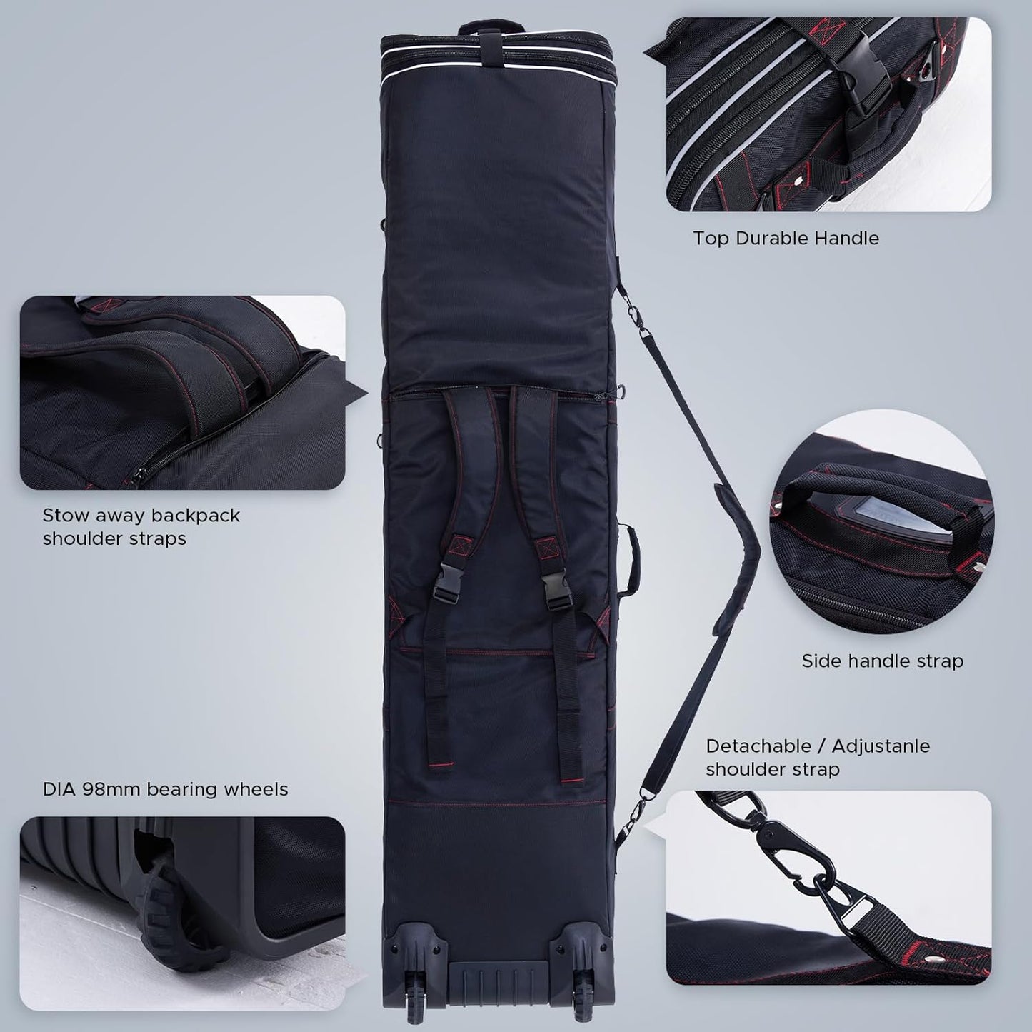 XCMAN Padded Snowboard Bag with Wheels- Snow Ski Bags for Air Travel Adjustable Length 61-70In Large Capacity with Water-Resistant