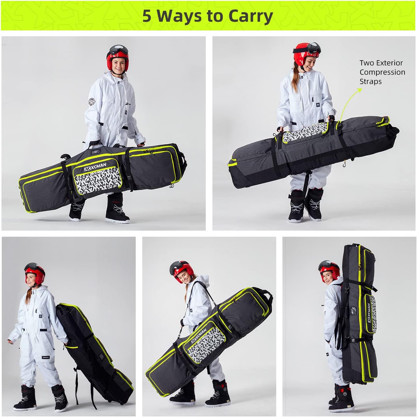 XCMAN Padded Snowboard Bag with Wheels, Extendable Roller Ski Bag for Air Traveling Adjustable Length - Extra Long/Wide/Deep,Waterproof - with Protection Ribs