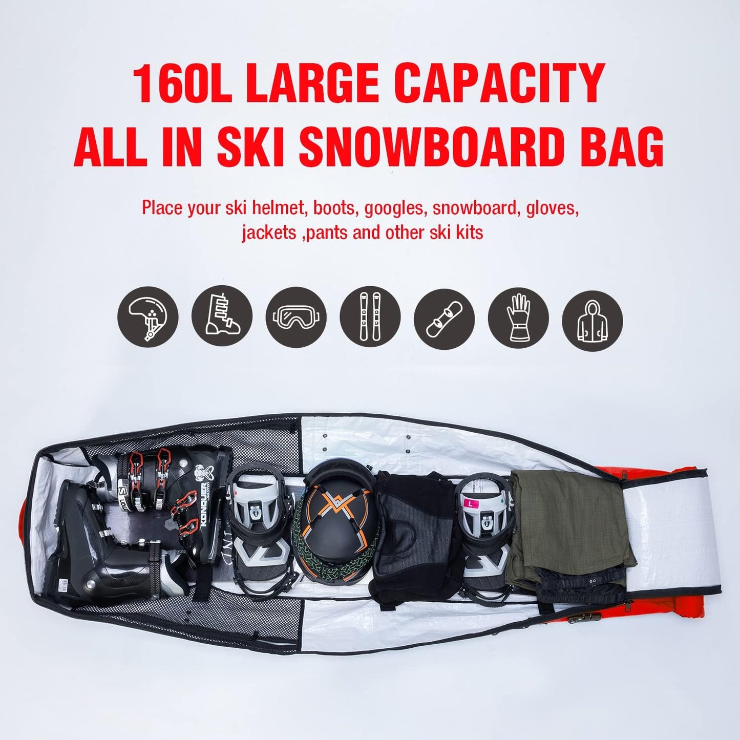 XCMAN Padded Snowboard Wheels Bag with TSA Lock,Perfect for Road Trips and Air Plane Travel, Adjustable Lenght 57inch to 74.8inch, Fits 2 pair Skis or Snowboards