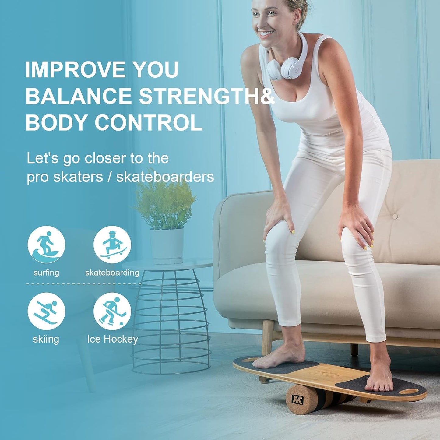 XCMAN Balance Board Surf Trainer with Adjustable Stoppers - 3 Different Distance Options Bamboo Balance Board for Surfing, Snowboarding, Skiing, Skateboarding, Yoga Training