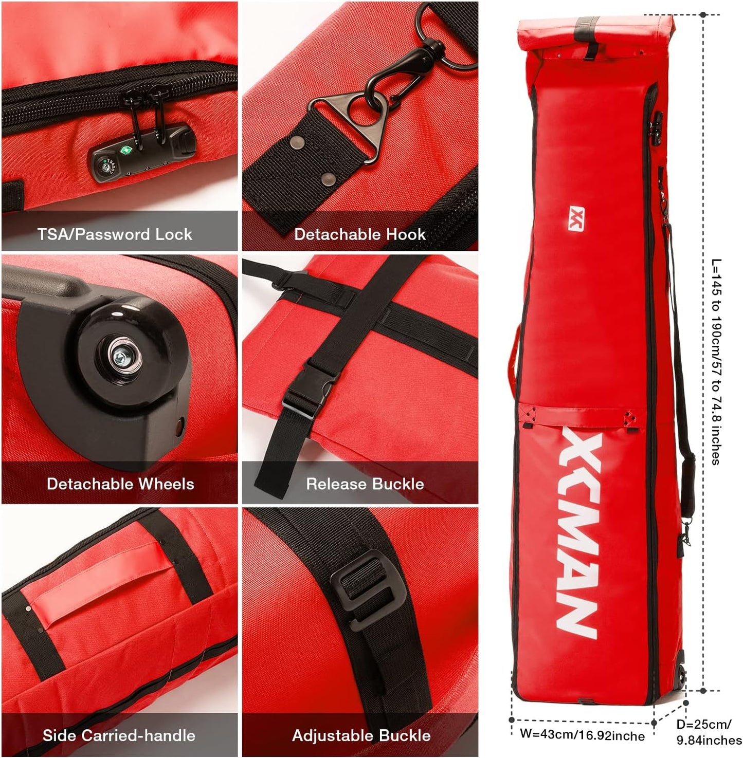 XCMAN Padded Snowboard Wheels Bag with TSA Lock,Perfect for Road Trips and Air Plane Travel, Adjustable Lenght 57inch to 74.8inch, Fits 2 pair Skis or Snowboards