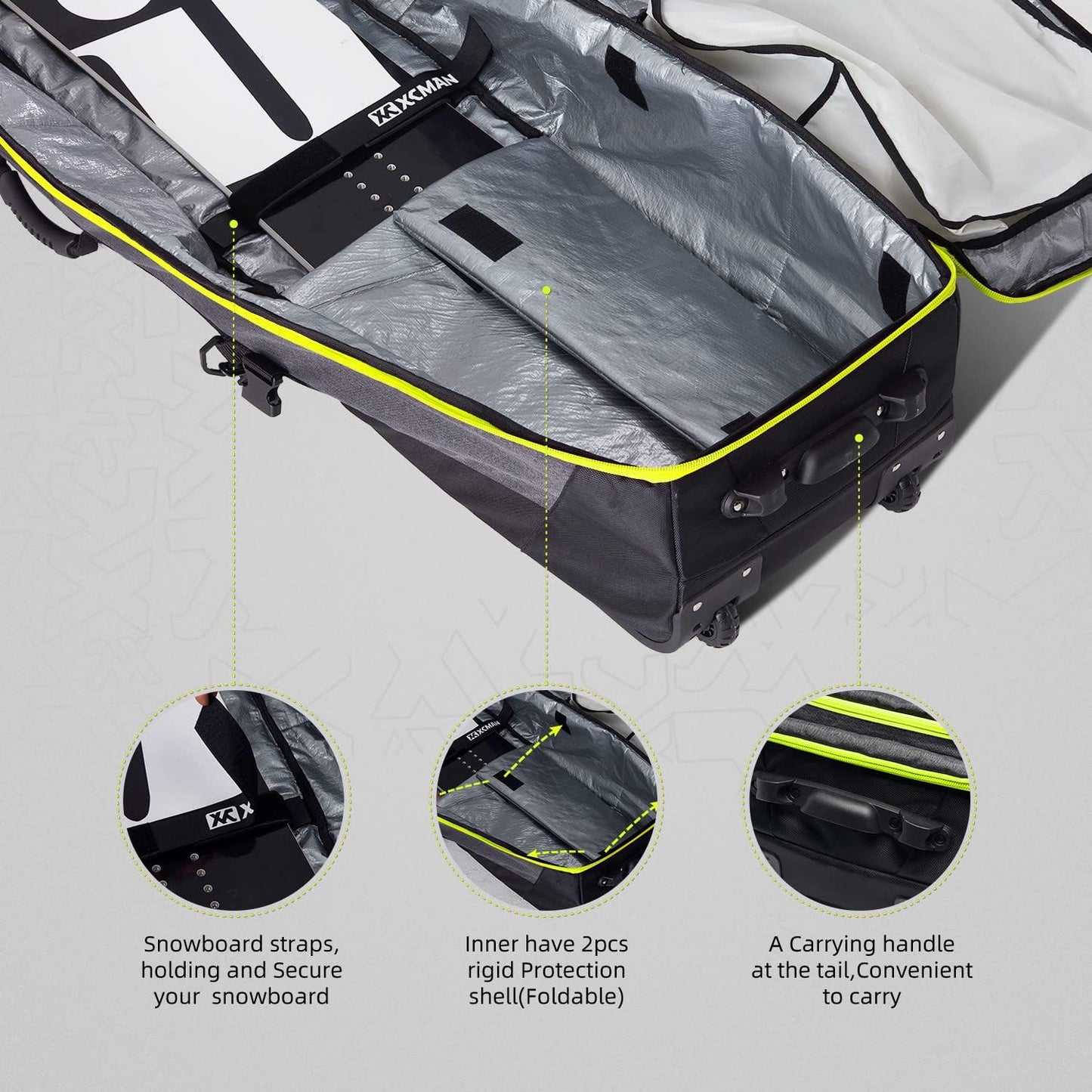 XCMAN Padded Snowboard Bag with Wheels, Extendable Roller Ski Bag for Air Traveling Adjustable Length - Extra Long/Wide/Deep,Waterproof - with Protection Ribs