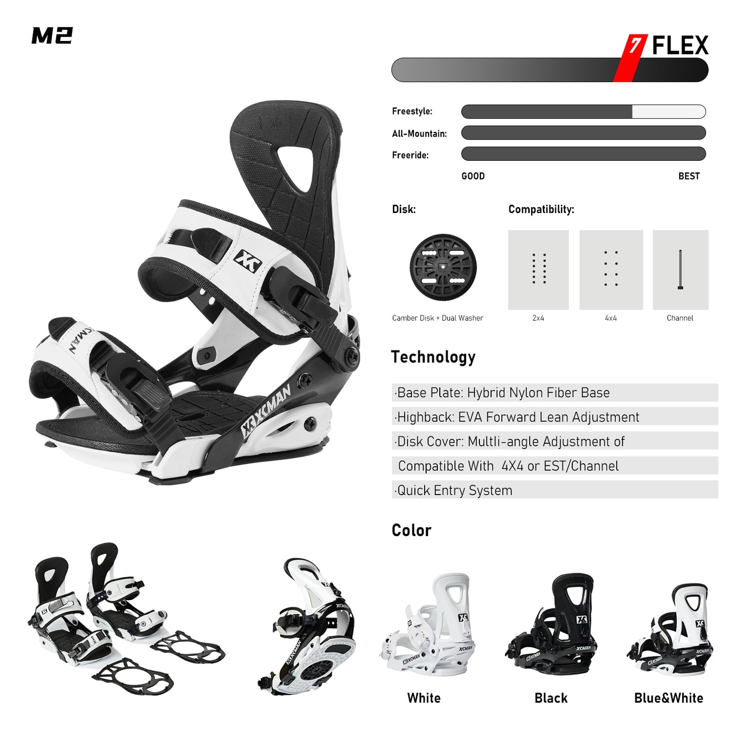 Xcman Snowboard Bindings-M2-White&Black