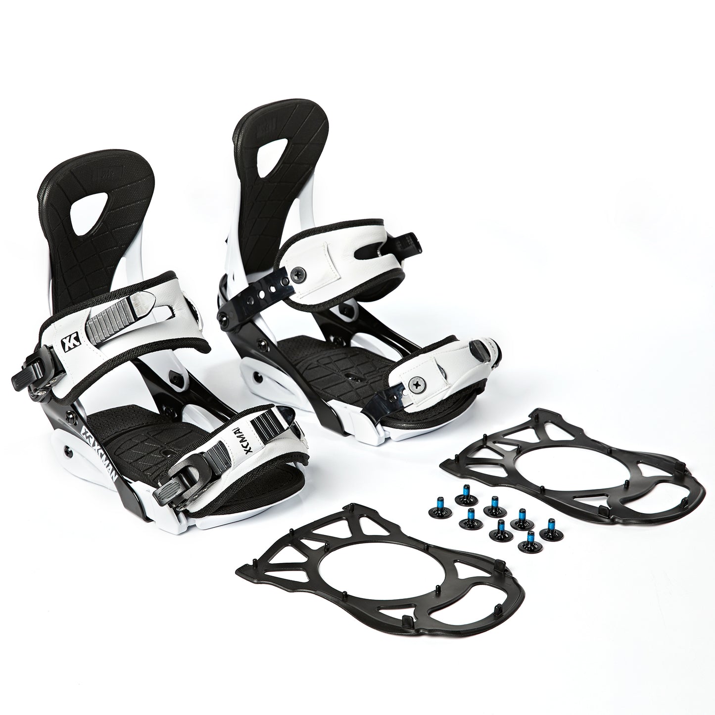 Included damping mats, screws, and hardware set for XCMAN M2 white and black snowboard bindings