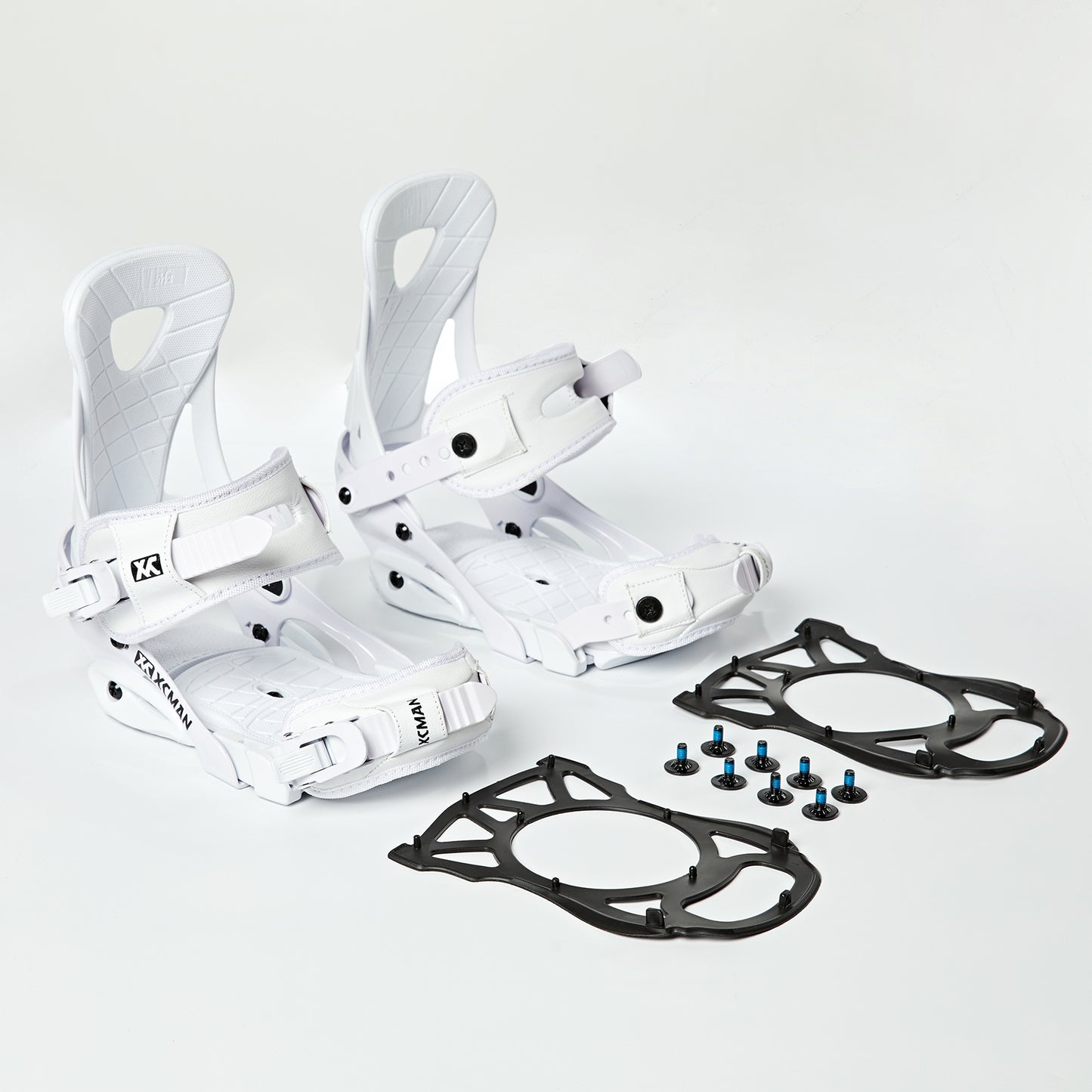 Included damping mats, screws, and hardware set for XCMAN M2 white snowboard bindings