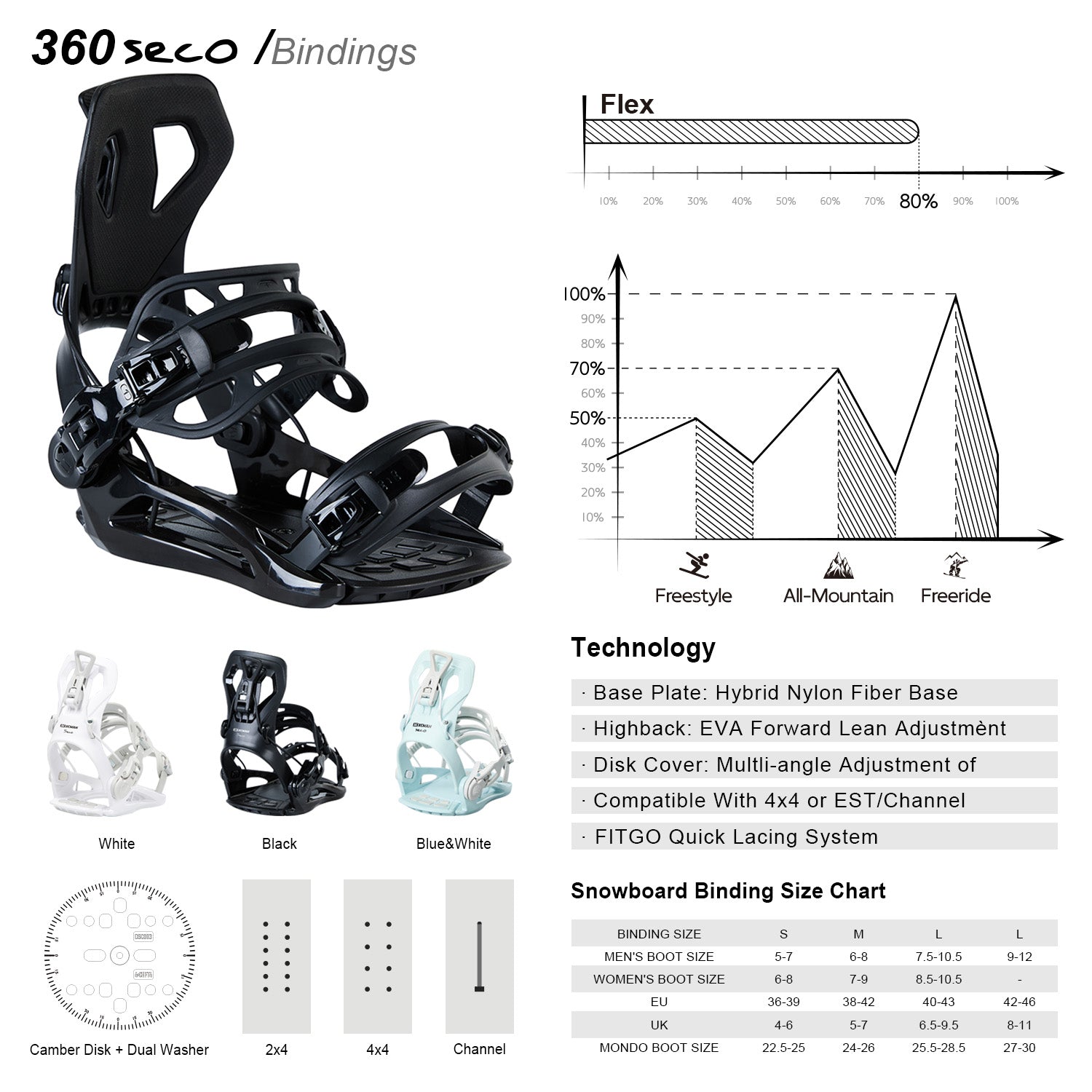 xcman snowboard bindings 360seco technology flex color black