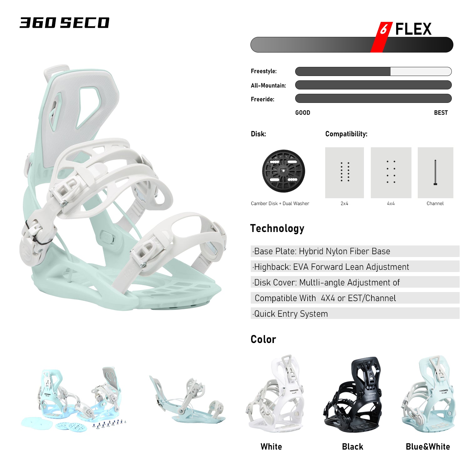 xcman snowboard bindings 360seco technology flex color white&blue