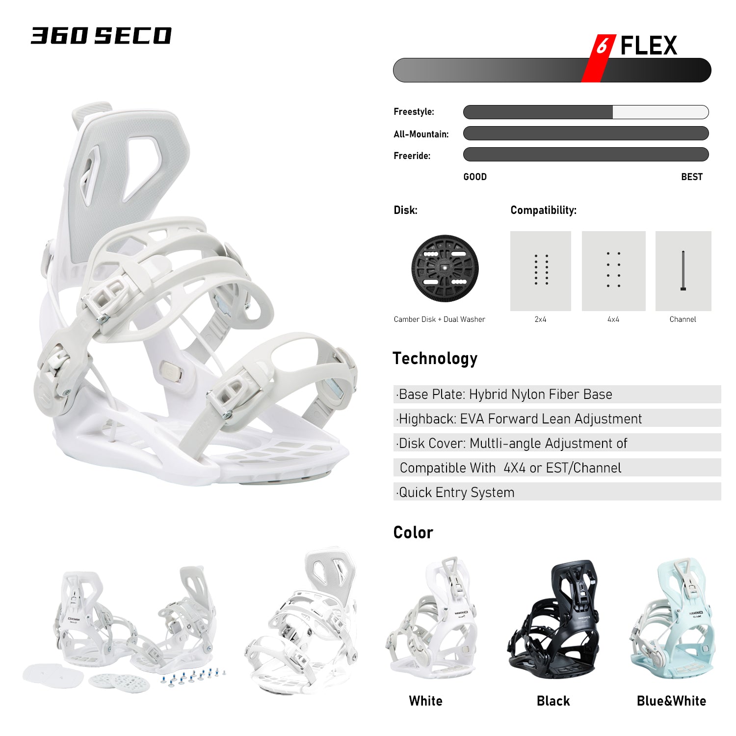 xcman snowboard bindings 360seco technology flex color white