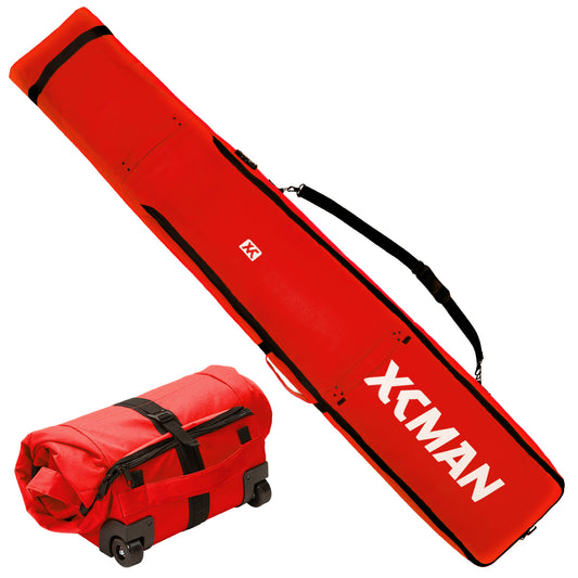 XCMAN Padded Snowboard Wheels Bag with TSA Lock,Perfect for Road Trips and Air Plane Travel, Adjustable Lenght 57inch to 74.8inch, Fits 2 pair Skis or Snowboards