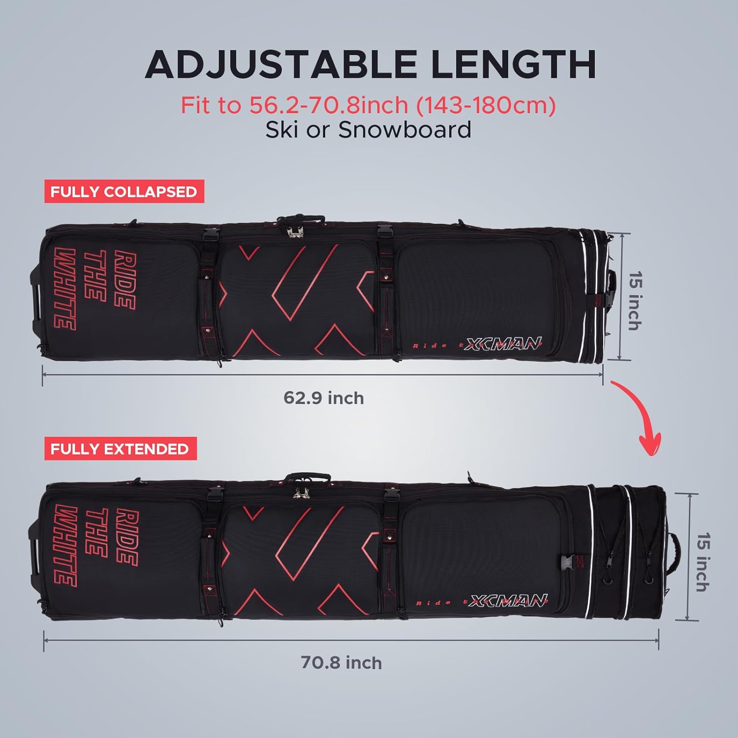 XCMAN Padded Snowboard Bag with Wheels- Snow Ski Bags for Air Travel Adjustable Length 61-70In Large Capacity with Water-Resistant