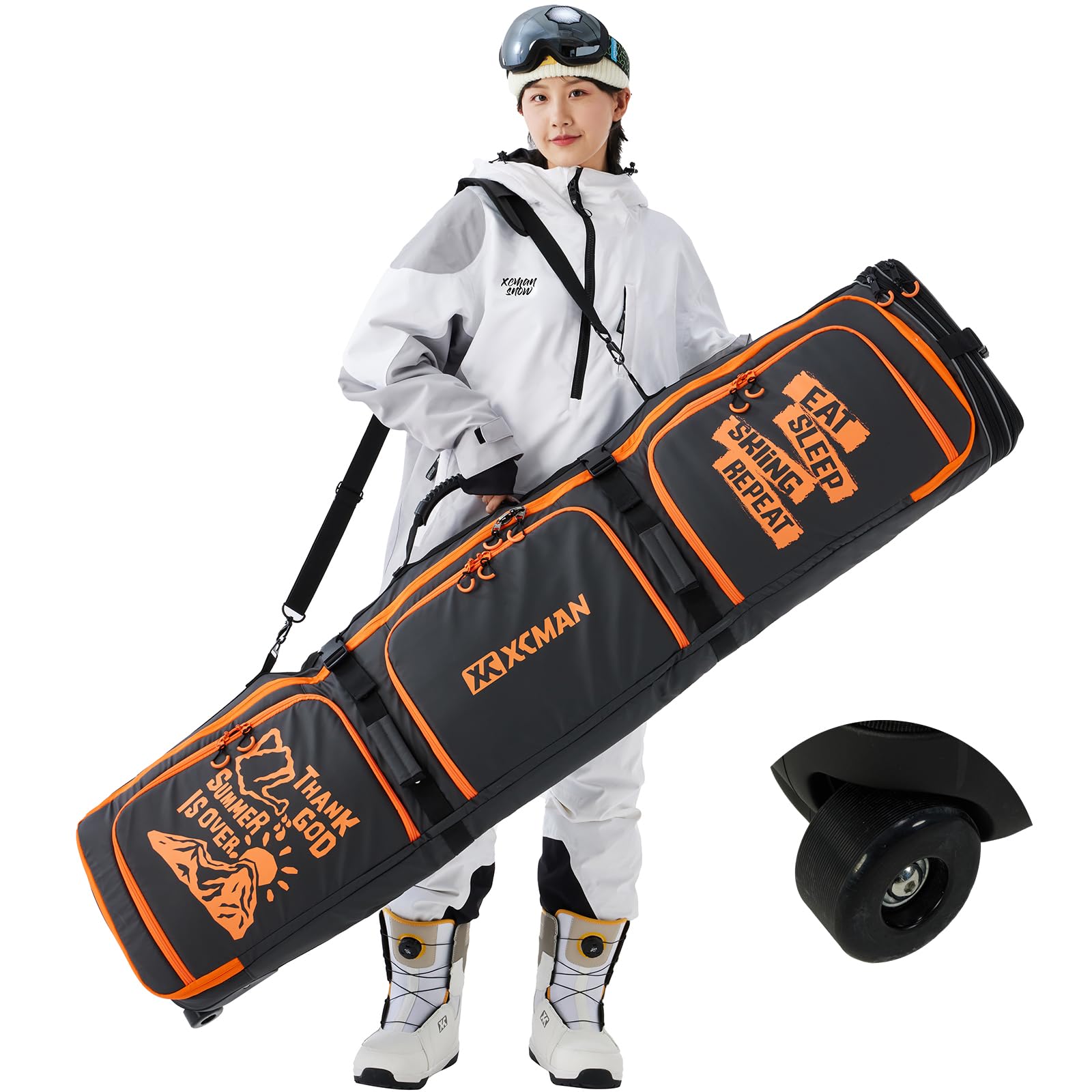 XCMAN Roller Snowboard Bag With Wheels 63-75Inch Adjustable Length Padded Bag for Air Travel Snowboard Boots