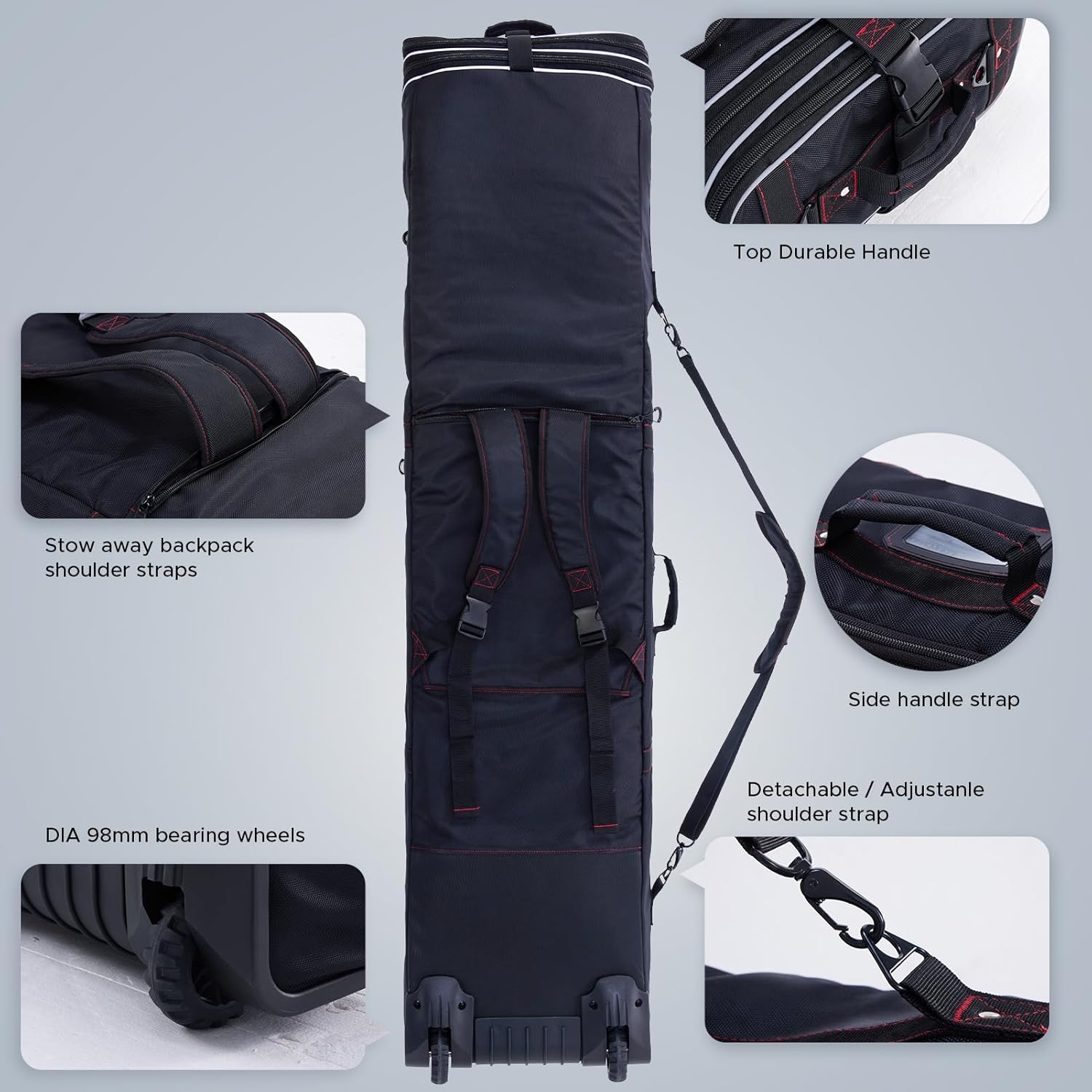 XCMAN Padded Snowboard Bag with Wheels- Snow Ski Bags for Air Travel Adjustable Length 61-70In Large Capacity with Water-Resistant
