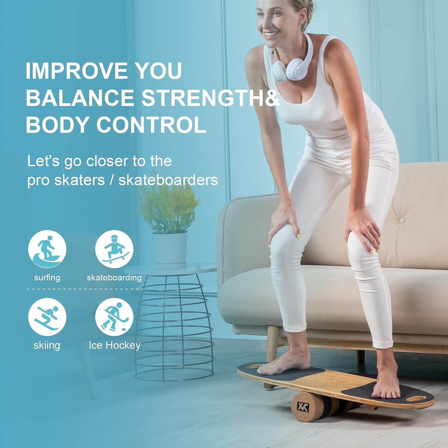 XCMAN Balance Board Surf Trainer with Adjustable Stoppers - 3 Different Distance Options Bamboo Balance Board for Surfing, Snowboarding, Skiing, Skateboarding, Yoga Training