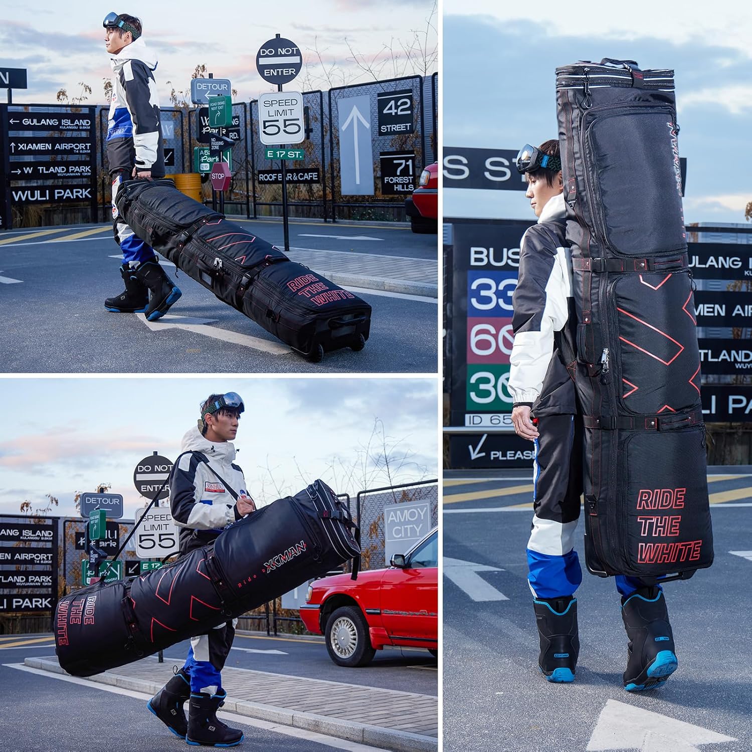 XCMAN Padded Snowboard Bag with Wheels- Snow Ski Bags for Air Travel Adjustable Length 61-70In Large Capacity with Water-Resistant