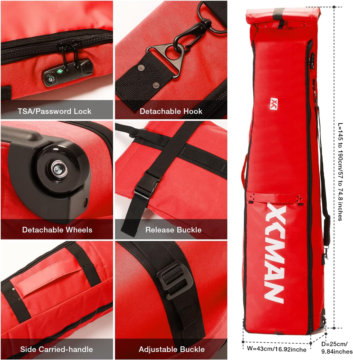 XCMAN Padded Snowboard Wheels Bag with TSA Lock,Perfect for Road Trips and Air Plane Travel, Adjustable Lenght 57inch to 74.8inch, Fits 2 pair Skis or Snowboards