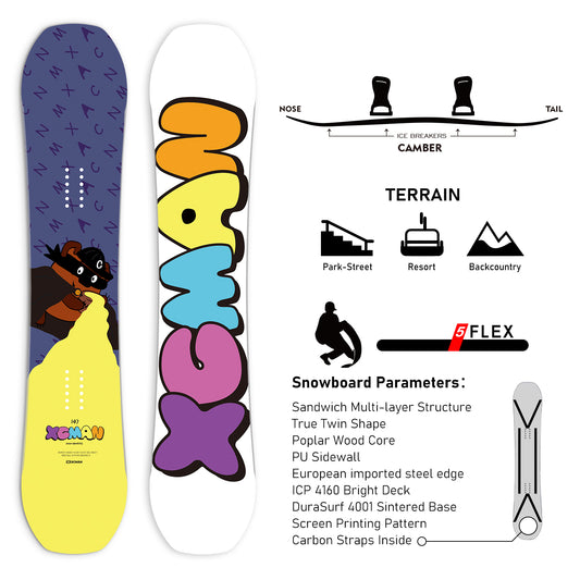 xcman snowboard Rainbow Cheese Chase paremeters terrain camber xcmansport