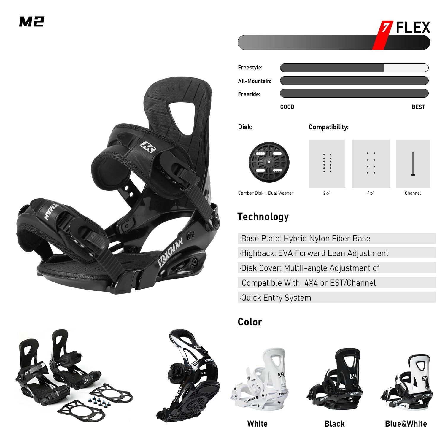 xcman snowboard bindings M2 technology flex color black