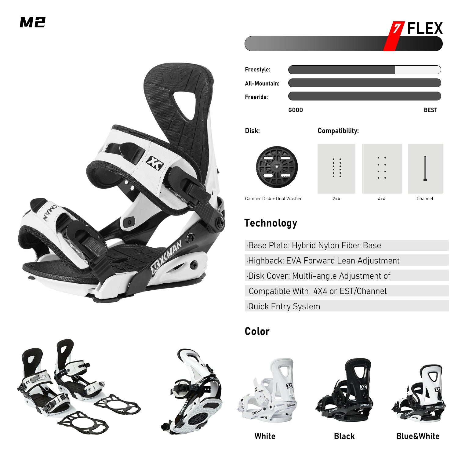 xcman snowboard bindings M2 technology flex color white&black
