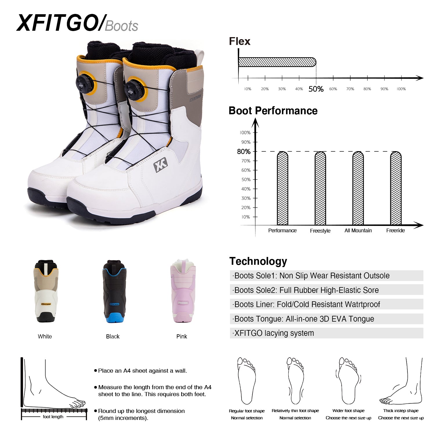 xcman xfitgo snowboard boots technoogy boot performance snowboardboots color white