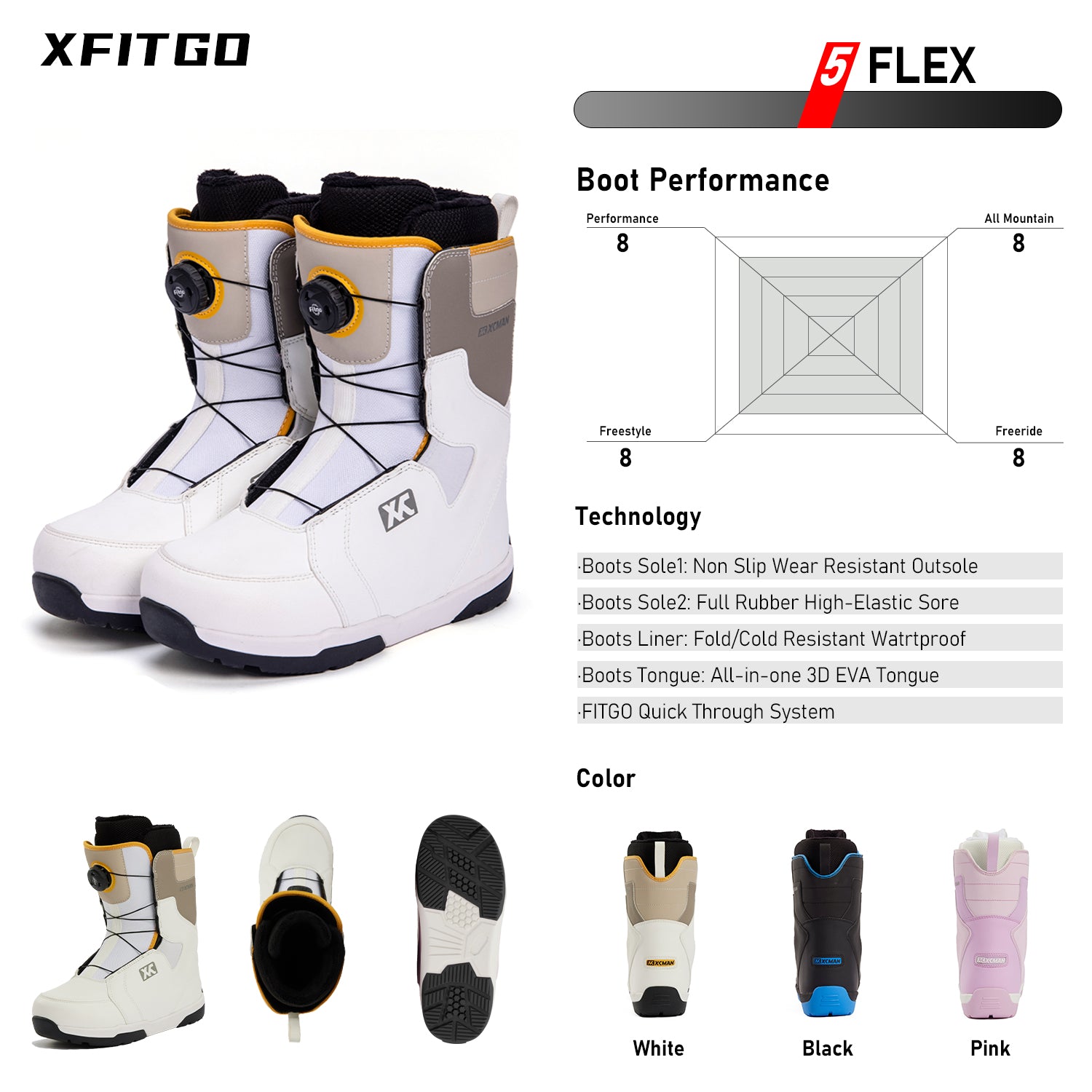 xcman xfitgo snowboard boots technoogy boot performance snowboard boots color white