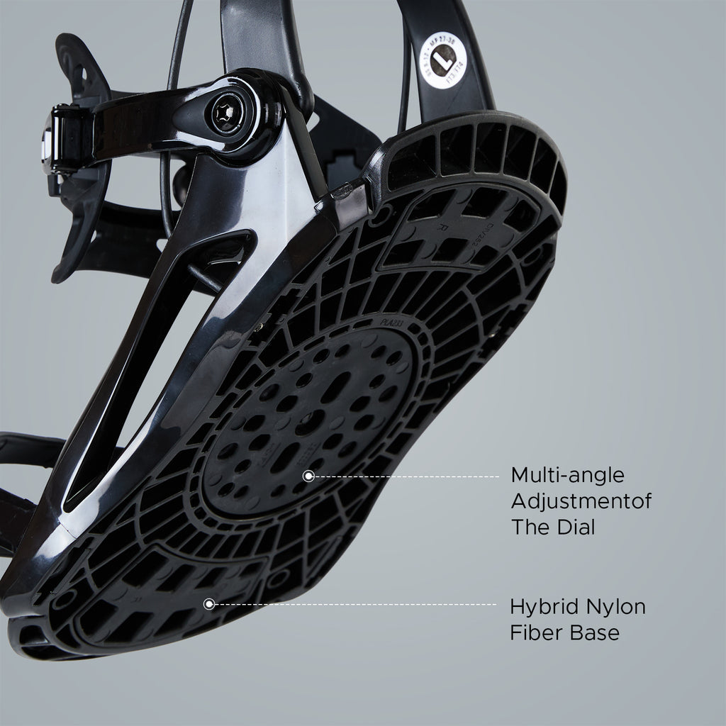 Bottom baseplate view of XCMAN 360 Seco snowboard bindings showing the hybrid nylon fiber base and multi-angle adjustment dial