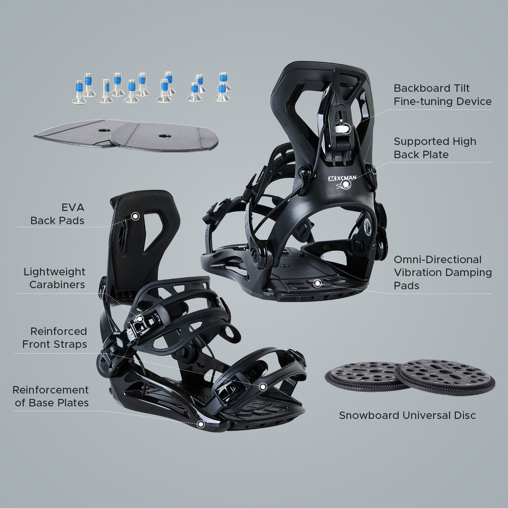 Included hardware, EVA dampening pads, and universal mounting discs for XCMAN 360 Seco snowboard bindings
