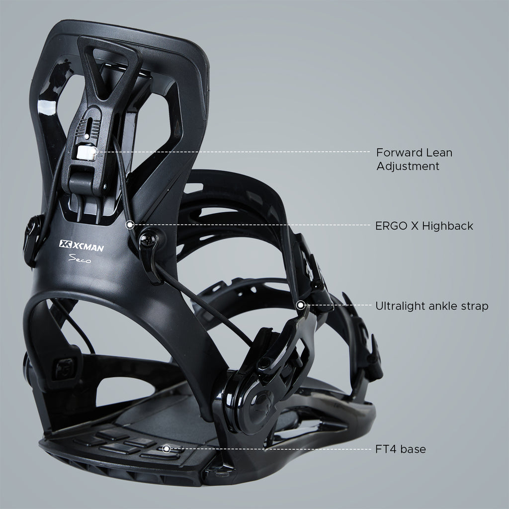 Close-up view highlighting the ERGO X highback, ultralight ankle strap, and FT4 base on XCMAN 360 Seco bindings