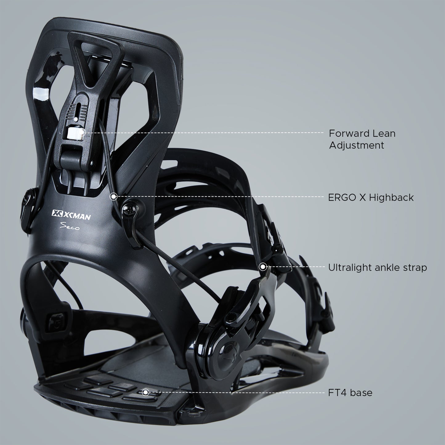 Close-up view highlighting the ERGO X highback, ultralight ankle strap, and FT4 base on XCMAN 360 Seco bindings