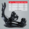 Official size chart for XCMAN 360 Seco Snowboard Bindings detailing US and EU boot size conversions