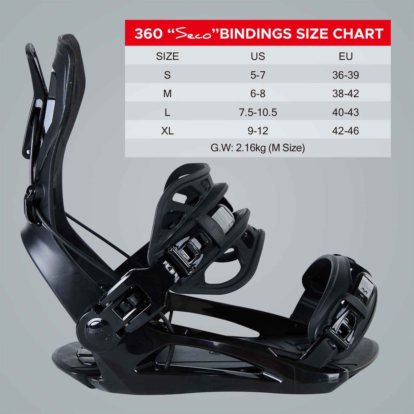 Official size chart for XCMAN 360 Seco Snowboard Bindings detailing US and EU boot size conversions