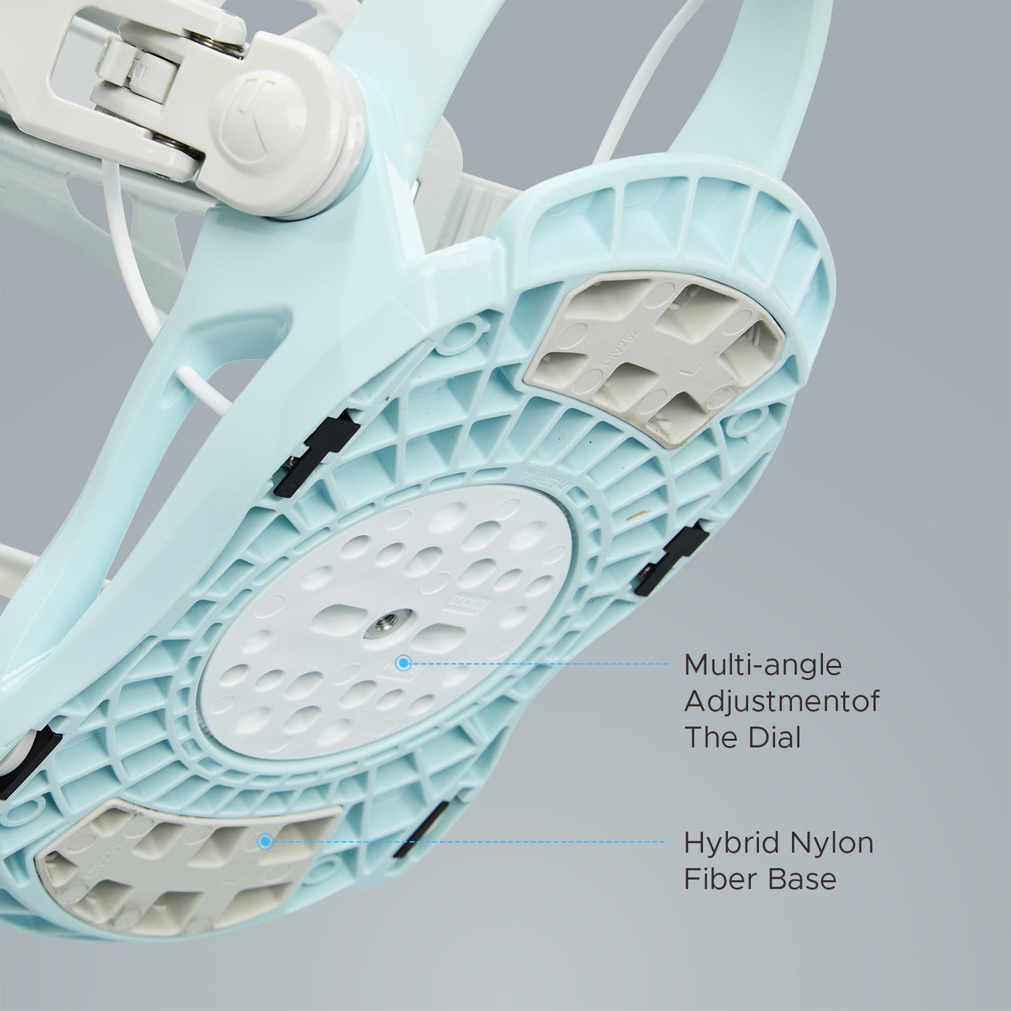 Bottom baseplate view of XCMAN 360 Seco white and blue snowboard bindings showing the hybrid nylon fiber base and multi-angle adjustment dial