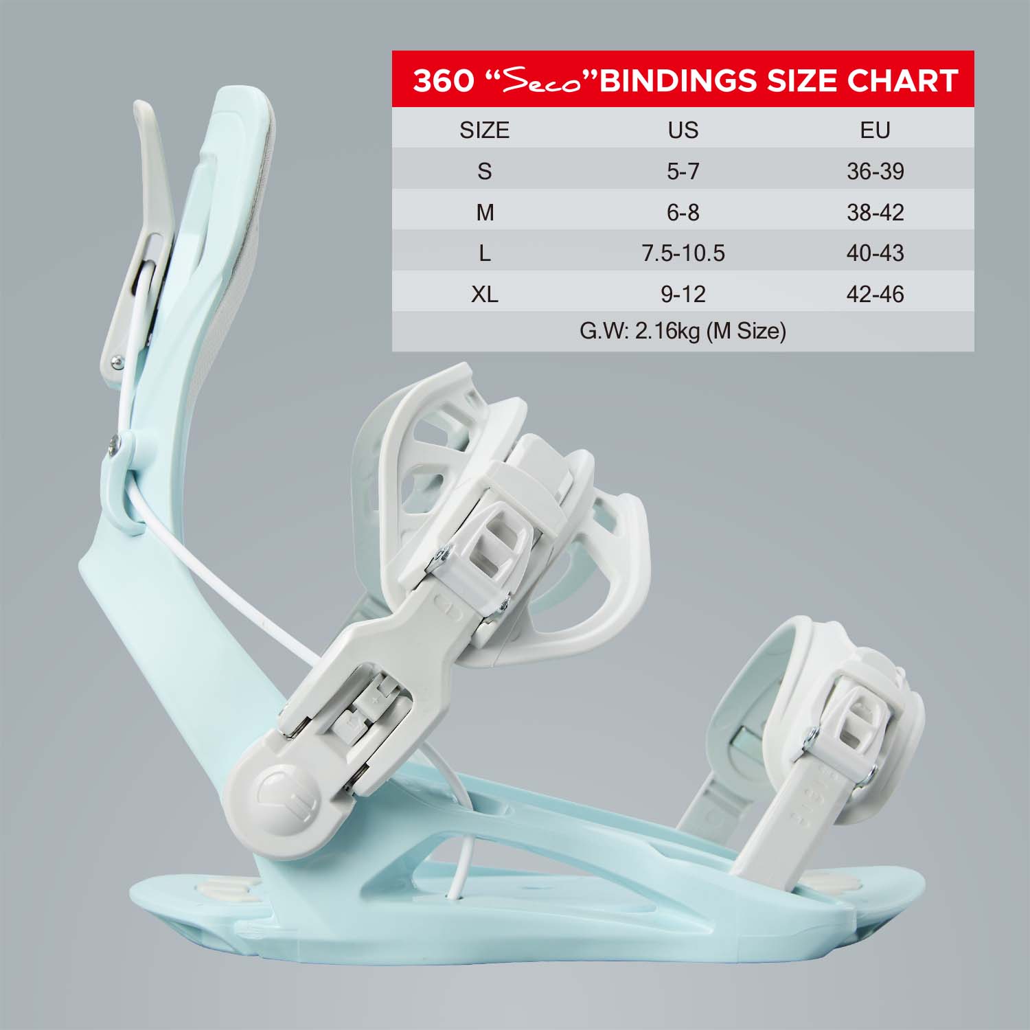 Official size chart for XCMAN 360 Seco Snowboard Bindings detailing US and EU boot size conversions
