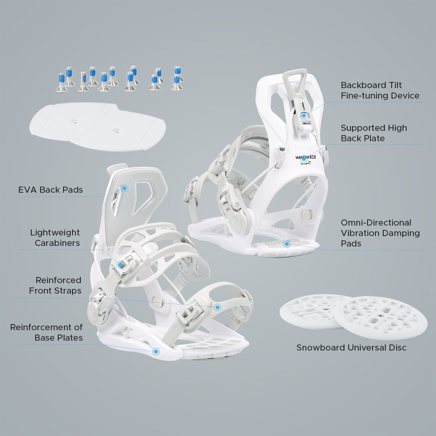 Included hardware, EVA dampening pads, and universal mounting discs for XCMAN 360 Seco white snowboard bindings