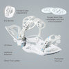 Detailed overview of XCMAN 360 Seco white binding features including forward lean adjustment and disc compatibility