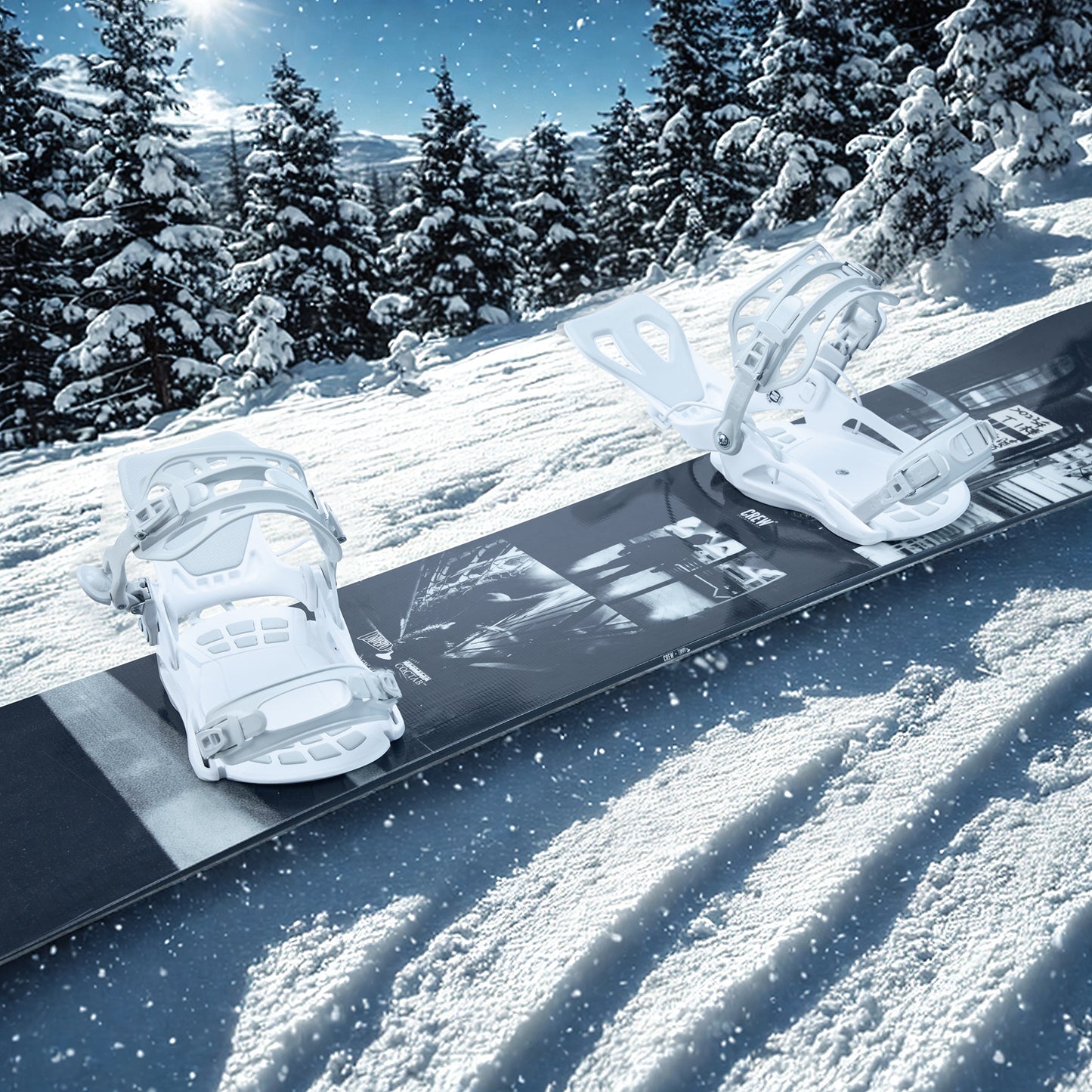 A snowboard equipped with XCMAN 360 Seco white bindings resting on fresh snow in a winter resort setting